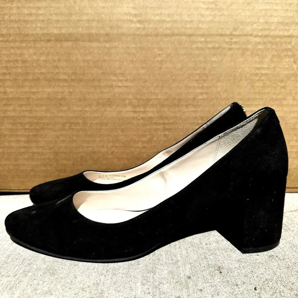 Cole Haan Claudine Classic Pump Shoes Round Toe Block Heel Suede Black 9.5B